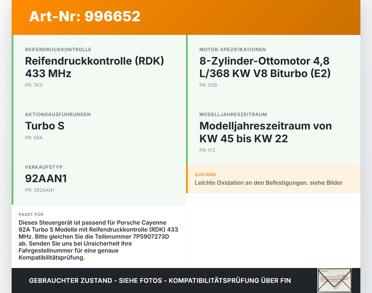 Porsche Cayenne 92A Turbo S Steuergerät ECU Modul Reifendruckkontrolle Porsche Cayenne 92A Turbo S 20.06.2014... Vorschau 3