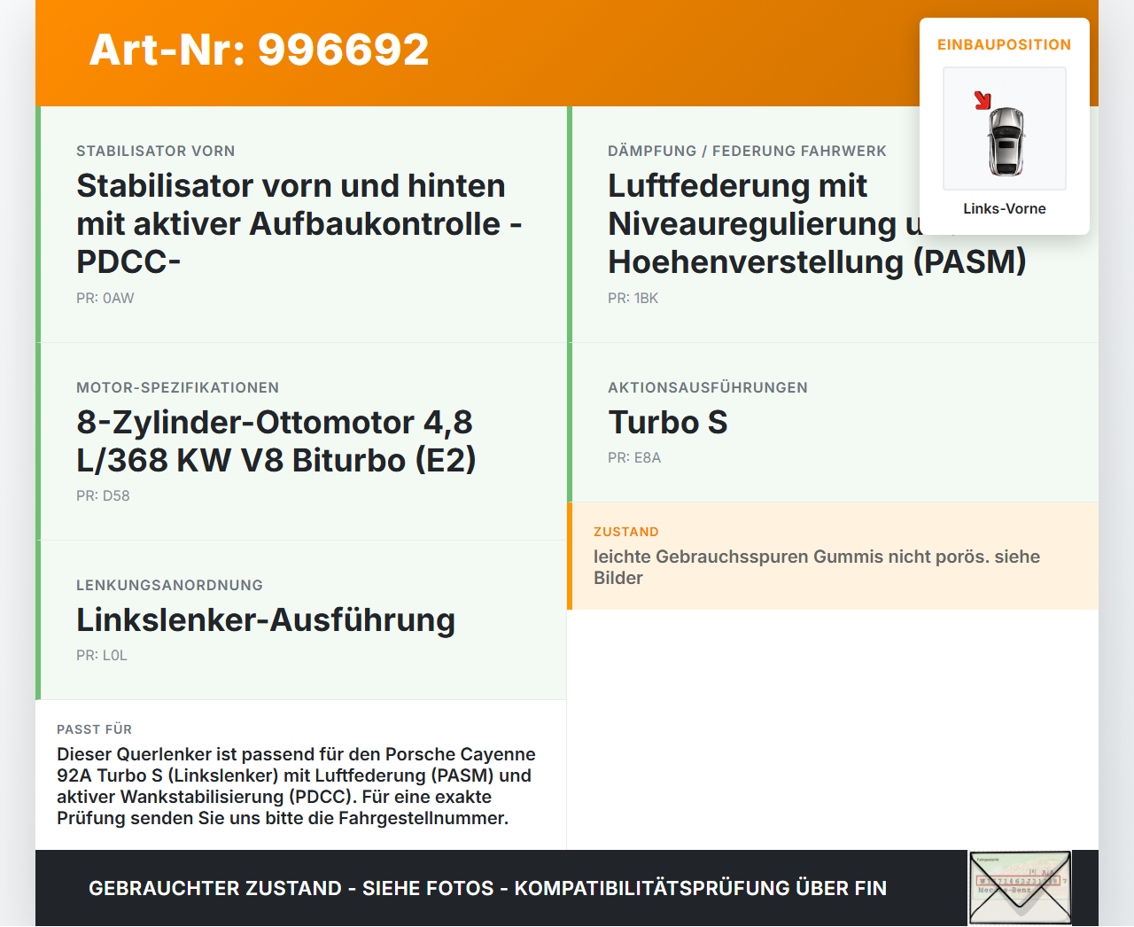 Porsche Cayenne 92A Turbo S Querlenker Links Vorne Porsche Cayenne 92A Turbo S 20.06.2014 K1953-07 gebraucht Vorschau 3