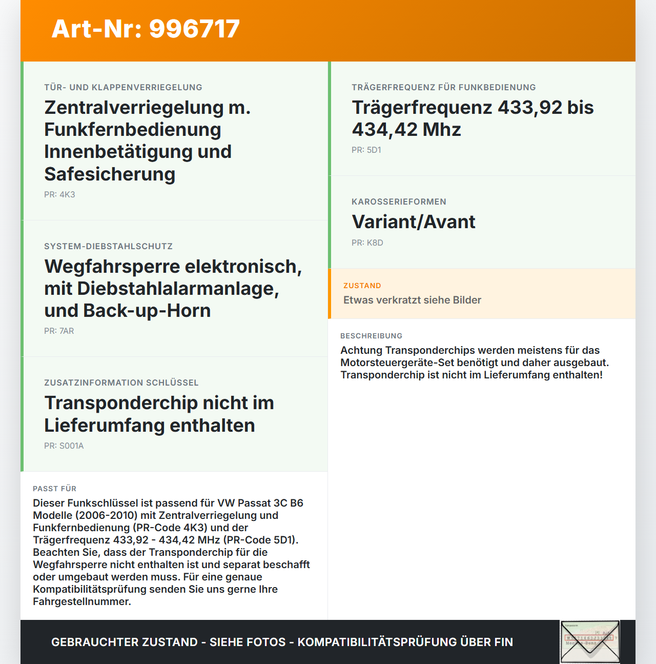 VW Passat 3C B6 06-10 Fernbedienung Funk Funkschlüssel VW Passat 3C B6 06-10 29.05.2007 3C0959752BA gebraucht Vorschau 3