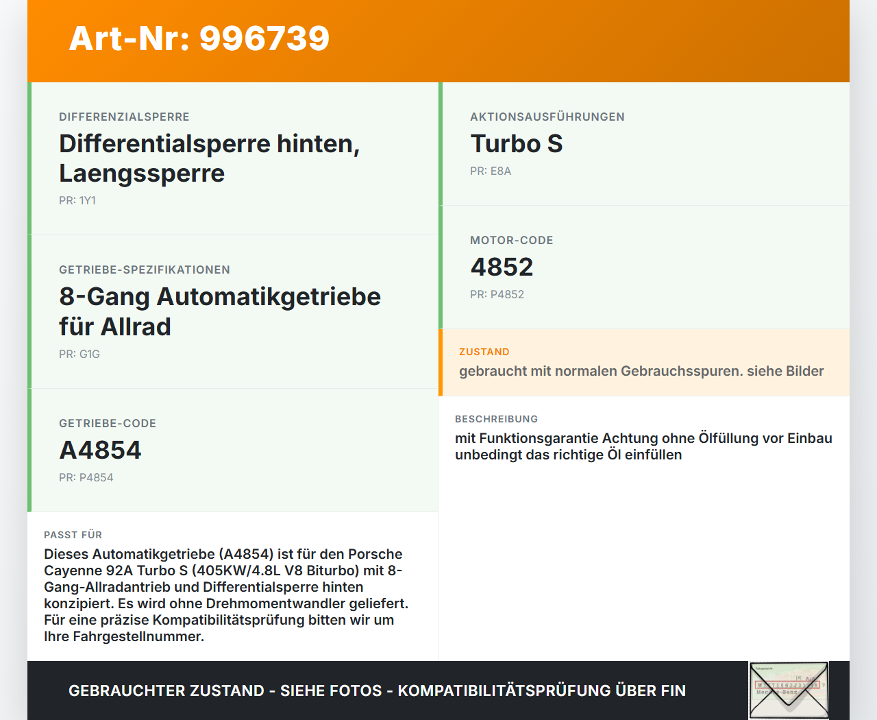 Porsche Cayenne 92A Turbo S 4,8 405KW 4WD A4854 Automatikgetriebe Getriebe A4854 ohne Wandler Porsche Cayenne 92A... Vorschau 3