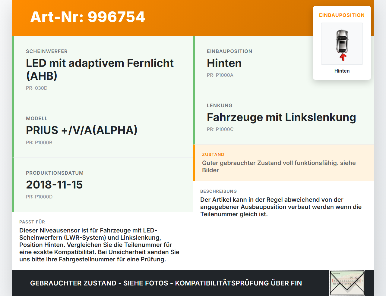 Toyota Prius + Plus W40 Niveausensor Xenon LWR Sensor Neigung Hinten Toyota Prius + Plus W40 15.11.2015 8K0712... Vorschau 3