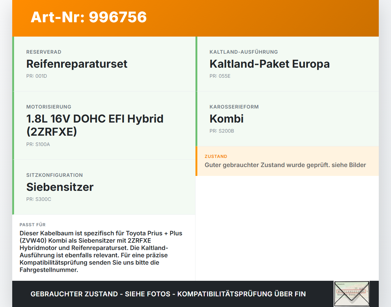 Toyota Prius + Plus W40 Kombi Kabelbaum für HV Batterie Toyota Prius + Plus W40 15.11.2015 G214847051 G2148-47051... Vorschau 3