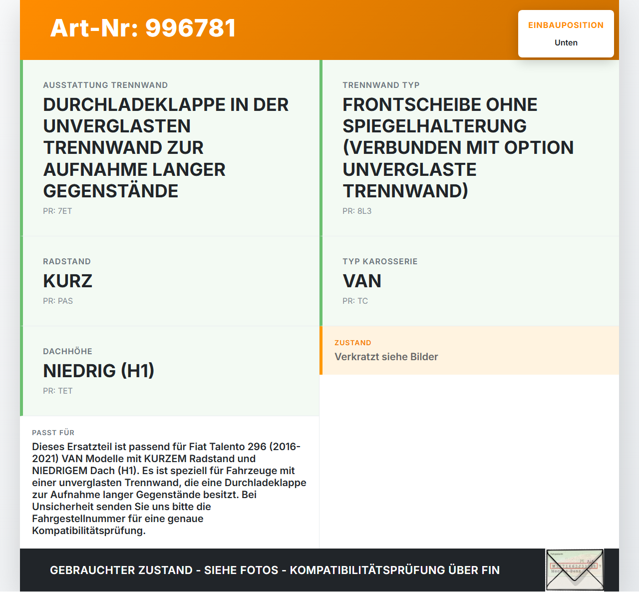 Fiat Talento 296 16-21  VAN Trennwand Abtrennung Laderaumteiler Unten Fiat Talento 296 16-21 10.07.2018 6000617258... Vorschau 3