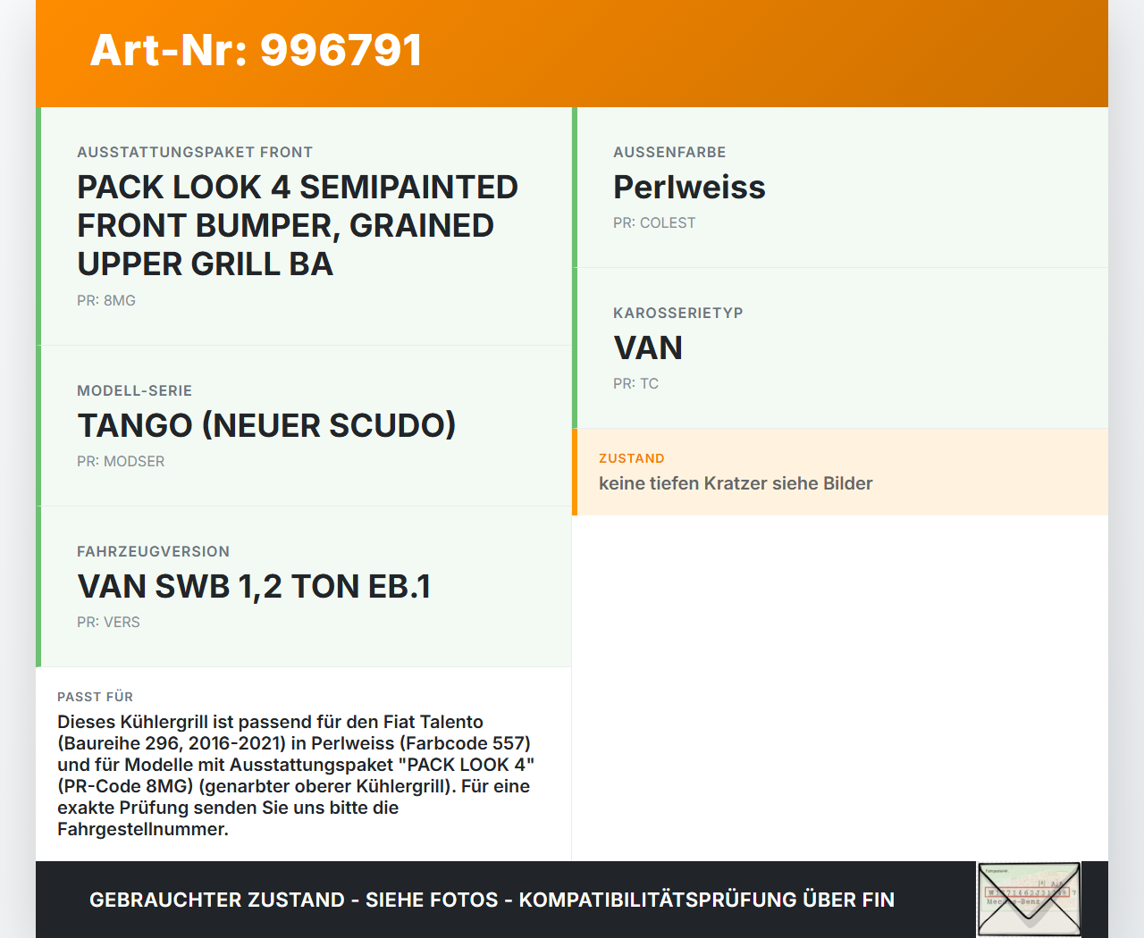 Fiat Talento 296 16-21 Frontgrill Kühlergrill Grill 557 Fiat Talento 296 16-21 10.07.2018 6000620025 gebraucht Vorschau 3