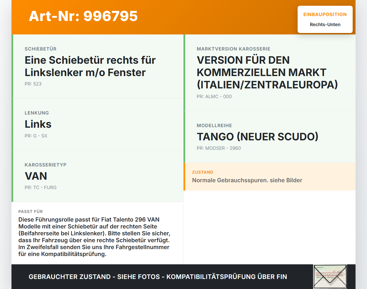 Fiat Talento 296 16-21  VAN Führungsrolle Schiebetür Rechts Unten Fiat Talento 296 16-21 10.07.2018 gebraucht Vorschau 3