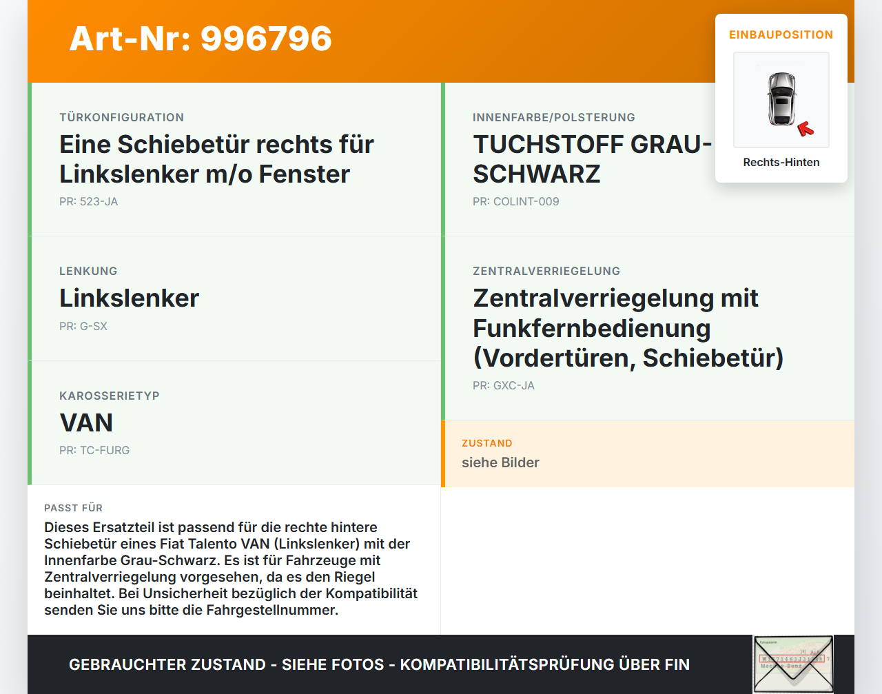Fiat Talento 296 16-21  VAN Griff Türgriff Innen Rechts Hinten und Riegel Fiat Talento 296 16-21 10.07.2018... Vorschau 3