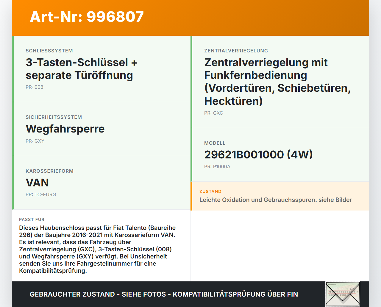 Fiat Talento 296 16-21 Haubenschloss Motorhaubenschloss Schloss Fiat Talento 296 16-21 10.07.2018 gebraucht Vorschau 3