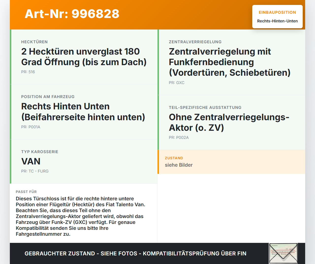 Fiat Talento 296 16-21  VAN Türschloss ohne ZV Rechts Hinten Unten für Flügeltür Fiat Talento 296 16-21 10.07.2018... Vorschau 3