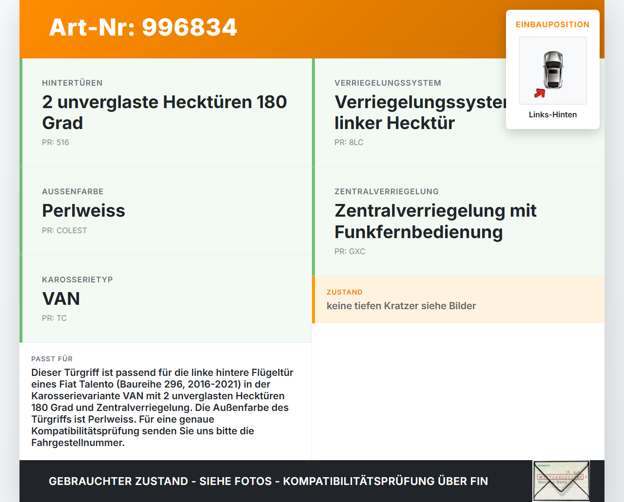Fiat Talento 296 16-21  VAN Türgriff Griff aussen Links Hinten Flügeltür 557 Fiat Talento 296 16-21 10.07.2018... Vorschau 3