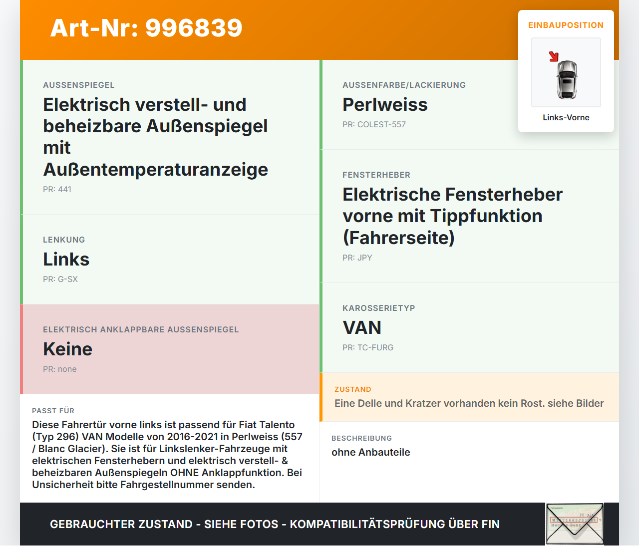Fiat Talento 296 16-21  VAN Tür Fahrertür Links Vorne 557 Fiat Talento 296 16-21 10.07.2018 6000620487 6000640499... Vorschau 3