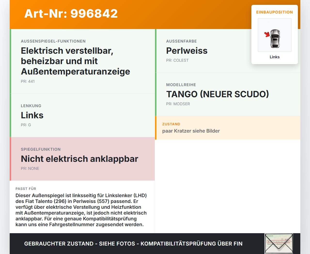 Fiat Talento 296 16-21 Spiegel Aussenspiegel Links elektr 557 Fiat Talento 296 16-21 10.07.2018 6000619975... Vorschau 3