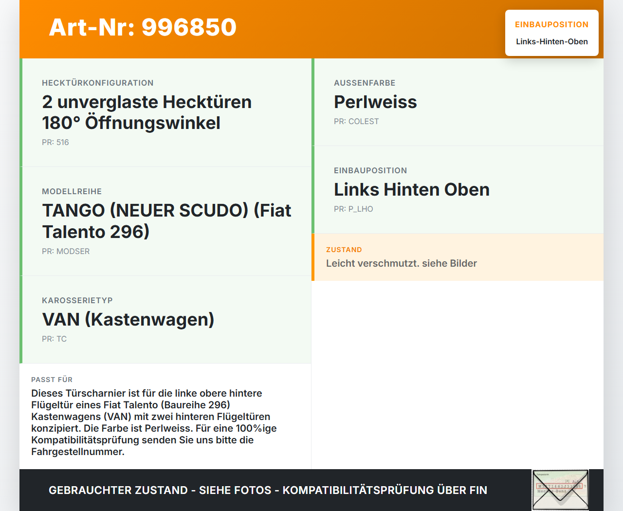 Fiat Talento 296 16-21  VAN Türscharnier für Flügel Tür Scharnier Links Hinten Oben Fiat Talento 296 16-21... Vorschau 3
