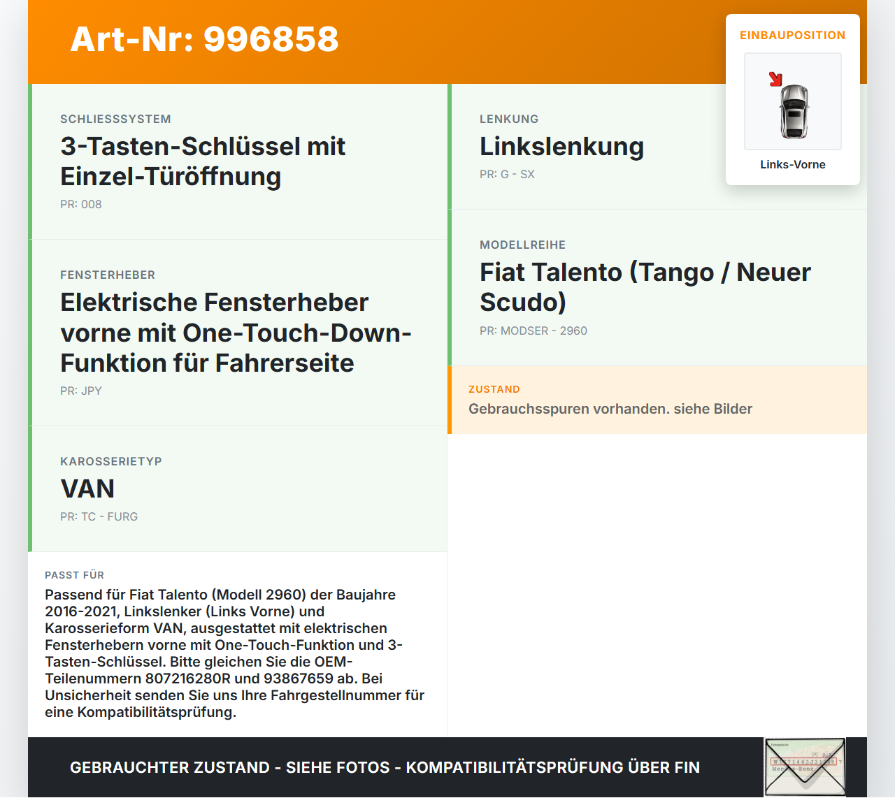 Fiat Talento 296 16-21  VAN Fensterhebermotor mit Fensterheber Links Vorne Fiat Talento 296 16-21 10.07.2018... Vorschau 3