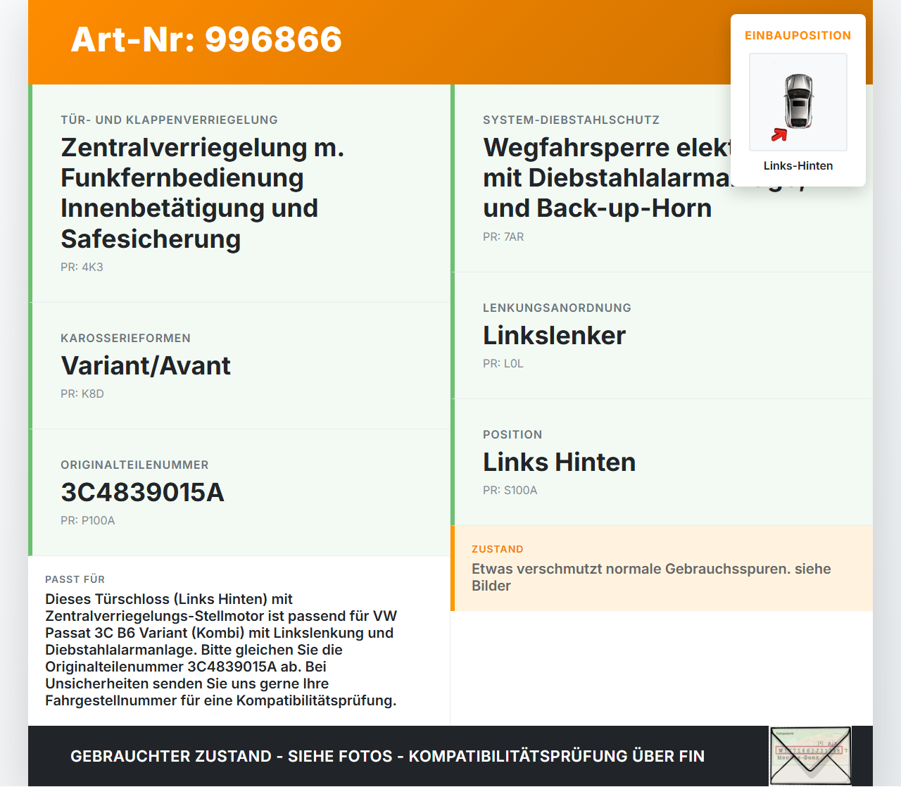VW Passat 3C B6 06-10 Kombi Türschloss m. ZV Stellmotor Links Hinten VW Passat 3C B6 06-10 29.05.2007 3C4839015A... Vorschau 3