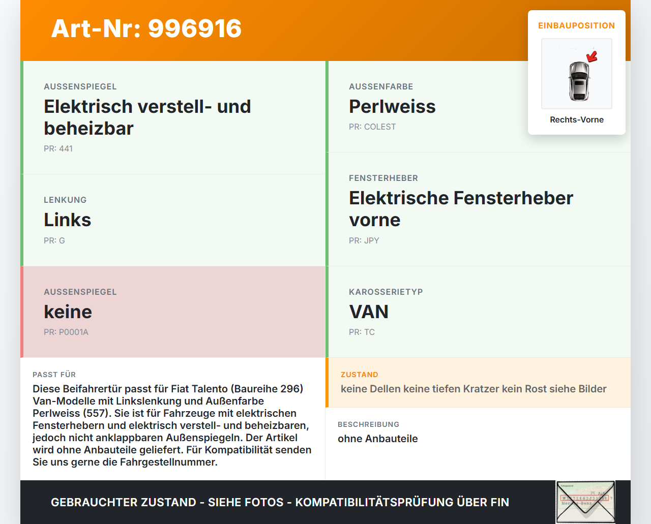Fiat Talento 296 16-21  VAN Tür Beifahrertür Rechts Vorne 557 Fiat Talento 296 16-21 10.07.2018 6000617166... Vorschau 3