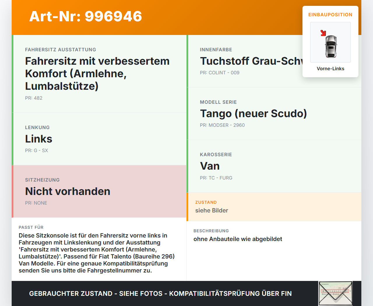 Fiat Talento 296 16-21  VAN Sitzkonsole Fahrersitz Vorne Links Fiat Talento 296 16-21 10.07.2018 gebraucht Vorschau 3