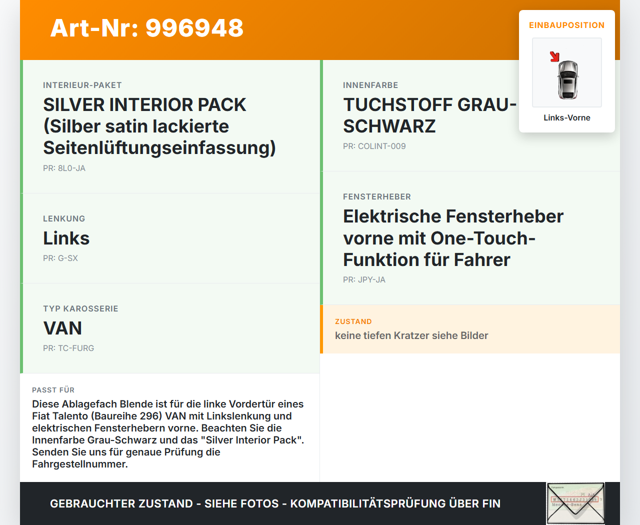Fiat Talento 296 16-21  VAN Ablagefach Blende für Tür Links Vorne Fiat Talento 296 16-21 10.07.2018 gebraucht Vorschau 3