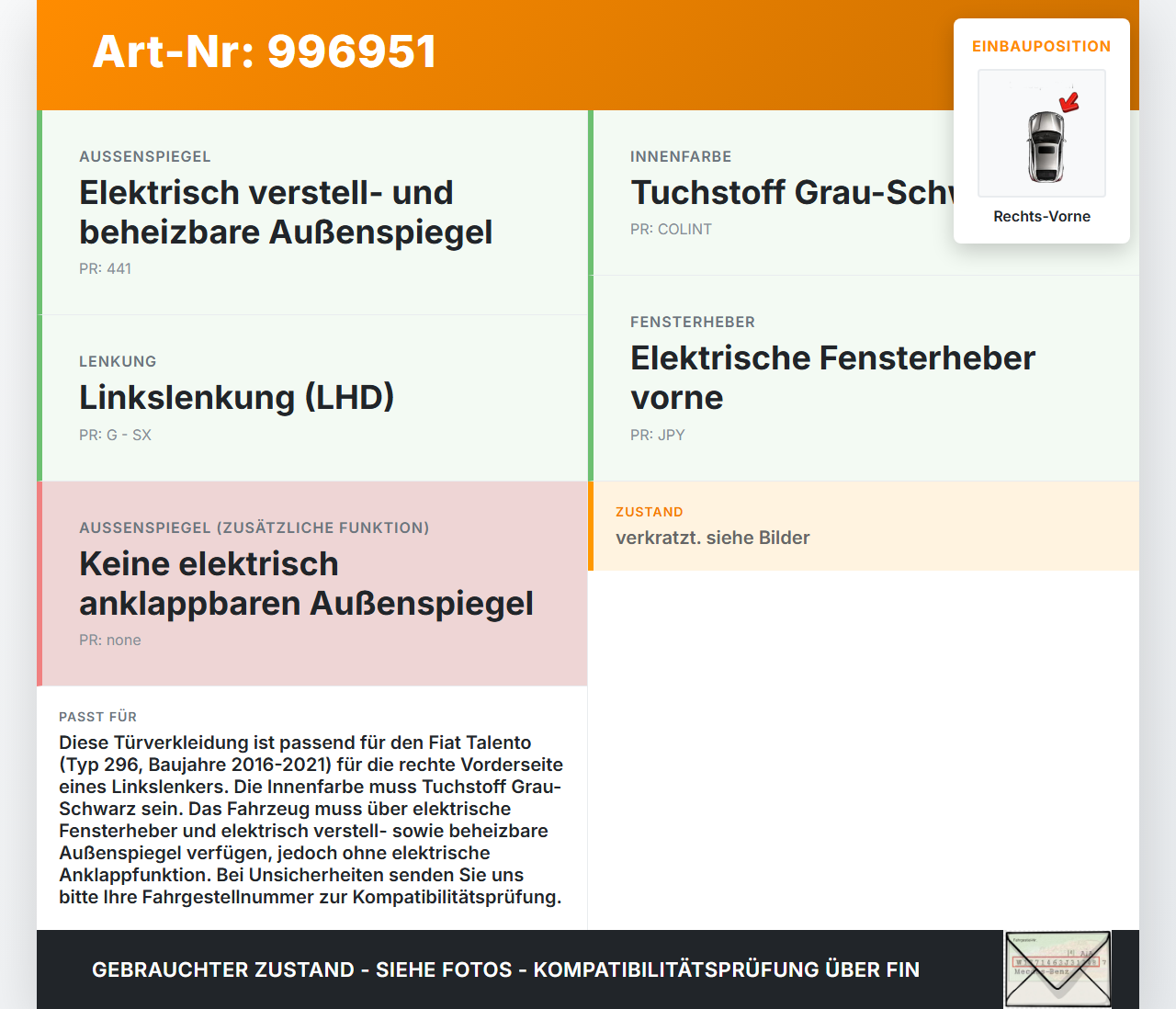 Fiat Talento 296 16-21  VAN Türverkleidung Türpappe Rechts Vorne Fiat Talento 296 16-21 10.07.2018 gebraucht Vorschau 3