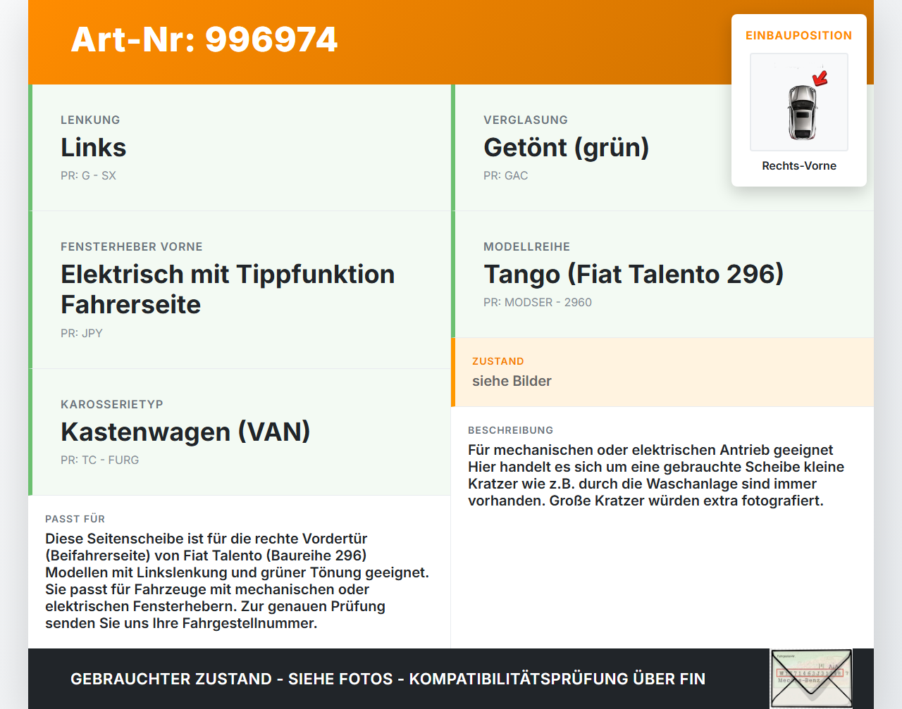 Fiat Talento 296 16-21  VAN Seitenscheibe RVK Türscheibe Rechts Vorne Fiat Talento 296 16-21 10.07.2018 gebraucht Vorschau 3