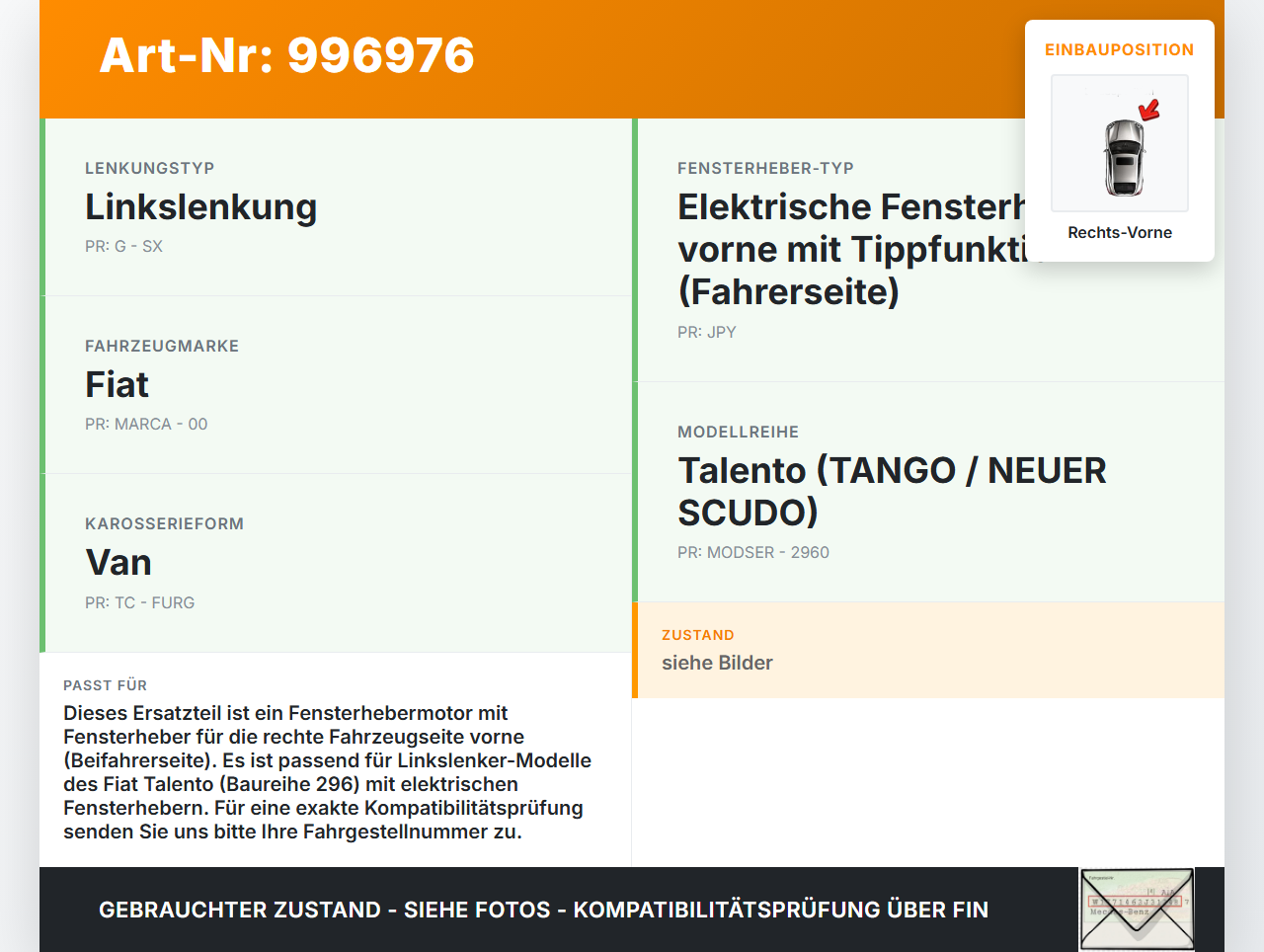 Fiat Talento 296 16-21  VAN Fensterhebermotor mit Fensterheber Rechts Vorne Fiat Talento 296 16-21 10.07.2018... Vorschau 3