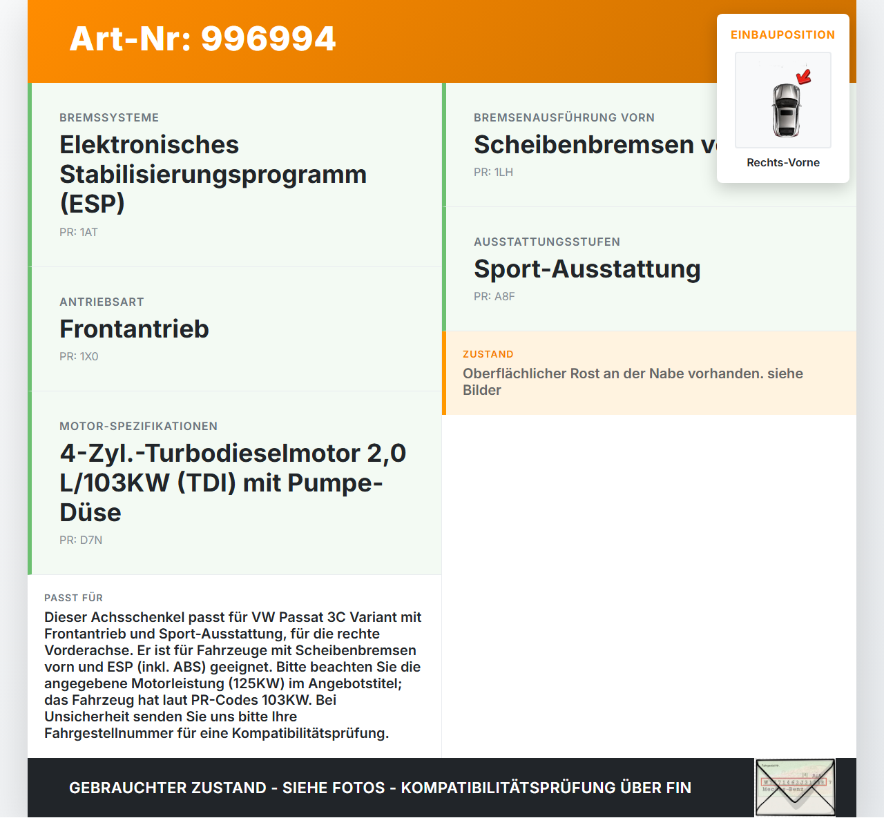 VW Passat 3C B6 06-10 2,0 125KW Achsschenkel Radnabe mit ABS Rechts Vorne VW Passat 3C B6 06-10 29.05.2007... Vorschau 3