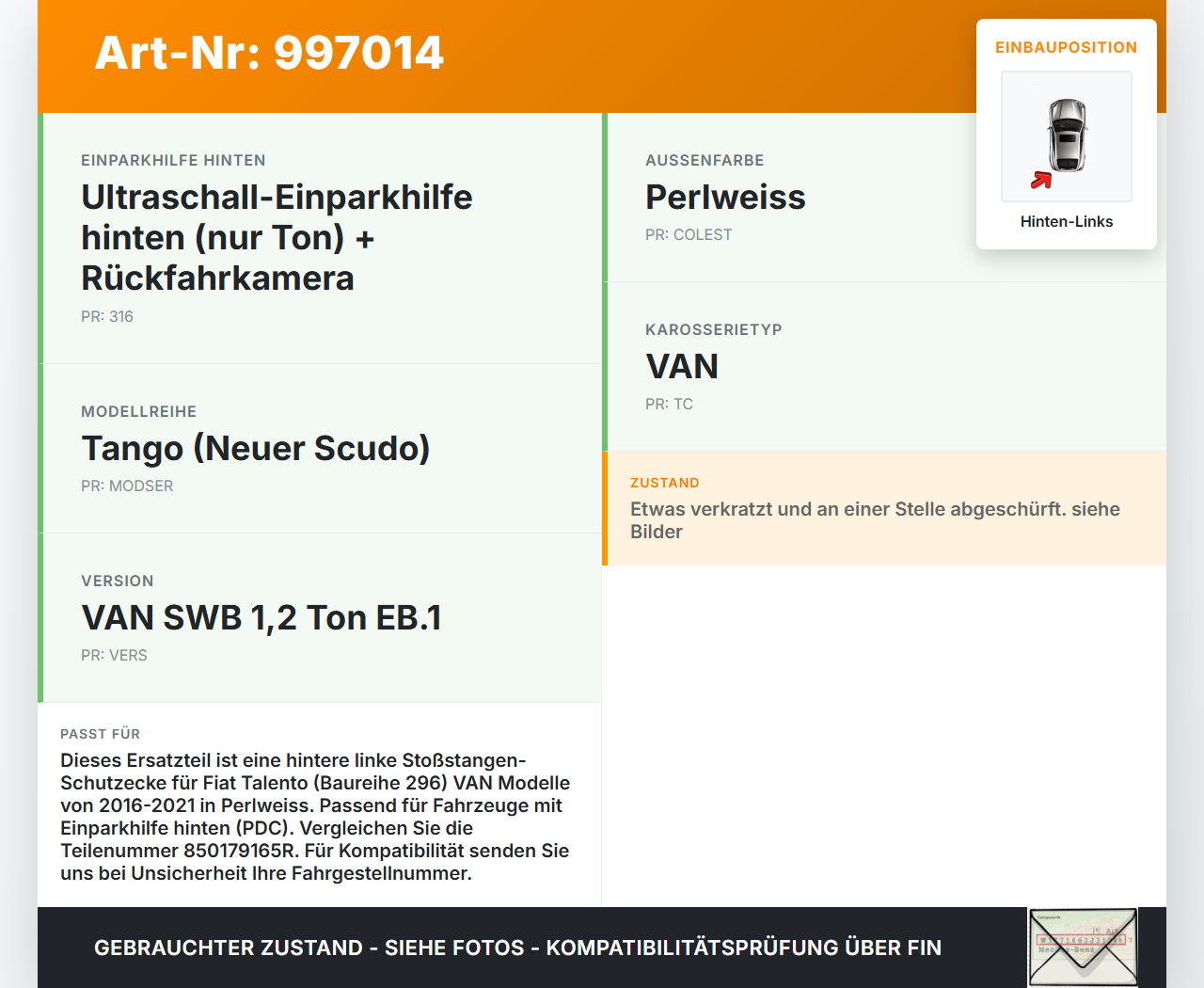 Fiat Talento 296 16-21  VAN Blende Verkleidung Schutzecke für Stoßstange Hinten Links Fiat Talento 296 16-21... Vorschau 3