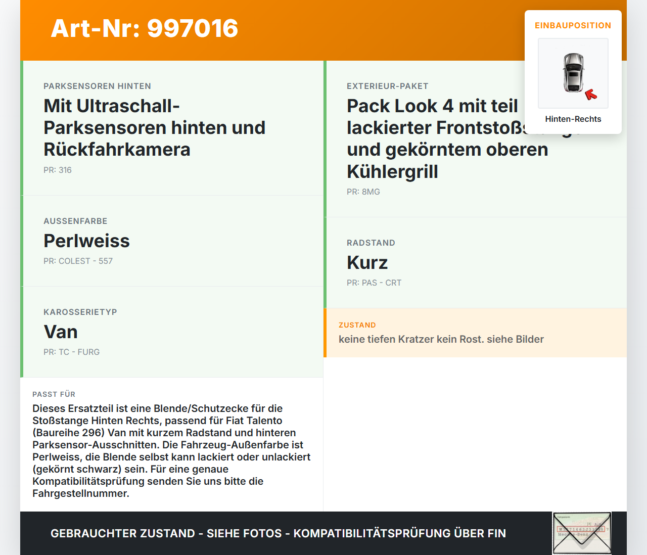 Fiat Talento 296 16-21  VAN Blende Verkleidung Schutzecke für Stoßstange Hinten Rechts Fiat Talento 296 16-21... Vorschau 3