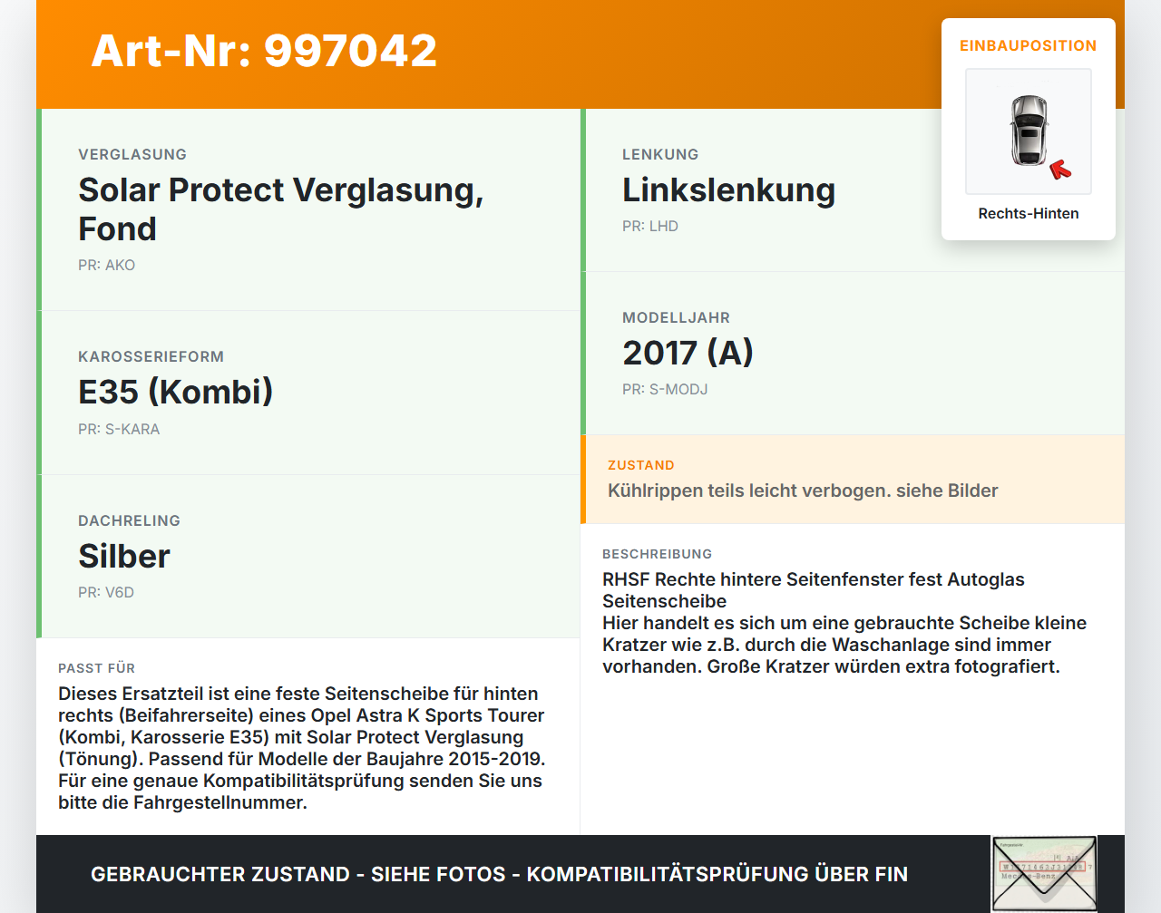Opel Astra K B16 15-19 Kombi Seitenscheibe Feste Scheibe Rechts Hinten Orig. getönt Opel Astra K B16 15-19... Vorschau 3