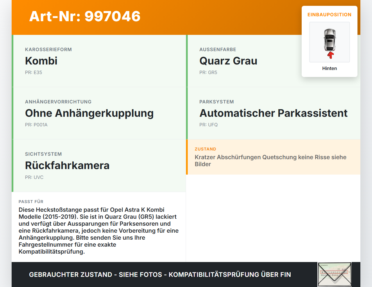 Opel Astra K B16 15-19 Kombi Stoßstange Stoßfänger Heckstosstange Hinten GR5 Opel Astra K B16 15-19 09.05.2017 gebraucht Vorschau 3