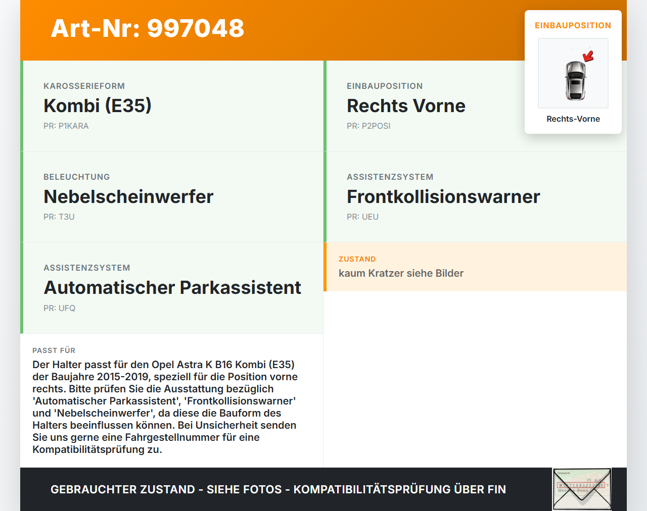 Opel Astra K B16 15-19 Kombi Halter Träger Aufnahme Führung für Stoßstange Rechts Vorne Opel Astra K B16 15-19... Vorschau 3