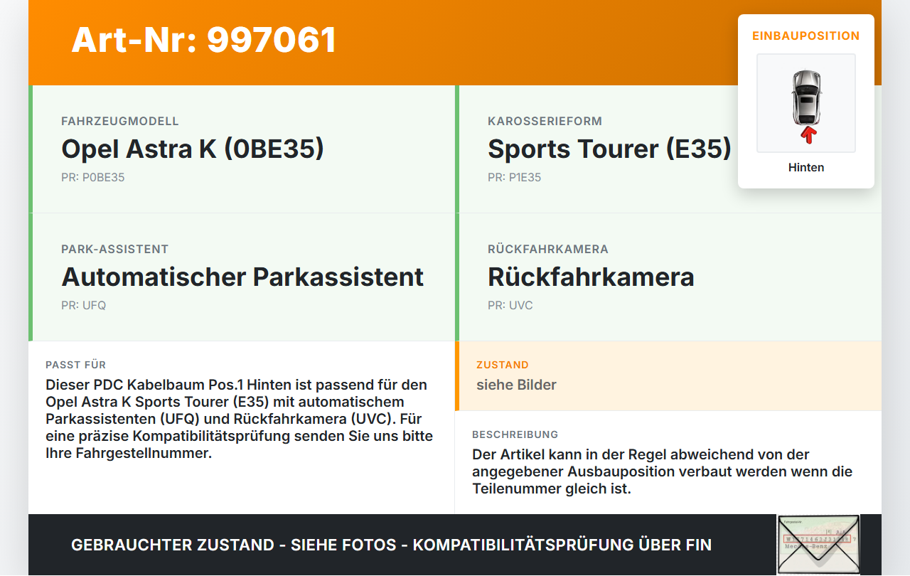 Opel Astra K B16 15-19 PDC Kabelbaum Pos.1 Hinten Opel Astra K B16 15-19 09.05.2017 39030091 2547337 gebraucht Vorschau 3