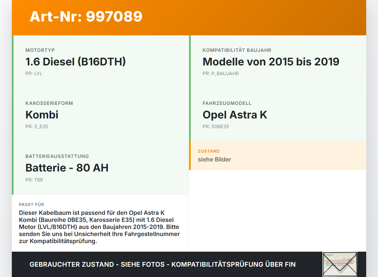 Opel Astra K B16 15-19 Kombi Kabelbaum für Batterie Masse Opel Astra K B16 15-19 09.05.2017 89049549 gebraucht Vorschau 3