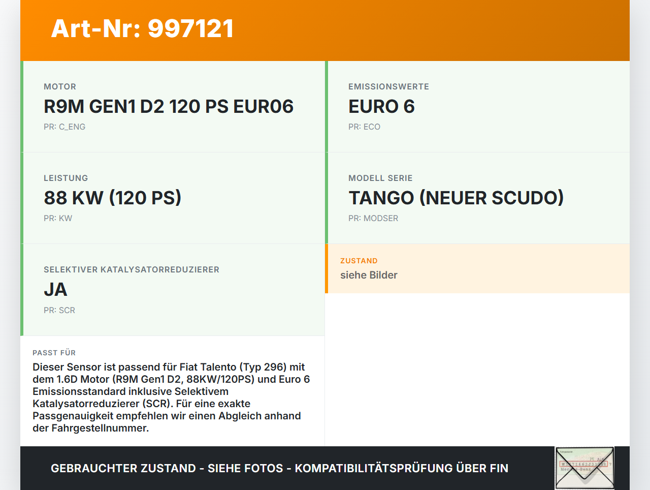 Fiat Talento 296 16-21  1,6D 88KW Lambdasonde Nox Sensor SNS 12V GEN2.8 Fiat Talento 296 16-21 10.07.2018... Vorschau 3
