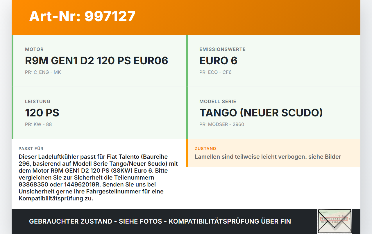 Fiat Talento 296 16-21  1,6D 88KW Ladeluftkühler Kühler Fiat Talento 296 16-21 10.07.2018 93868350 144962019R gebraucht Vorschau 3