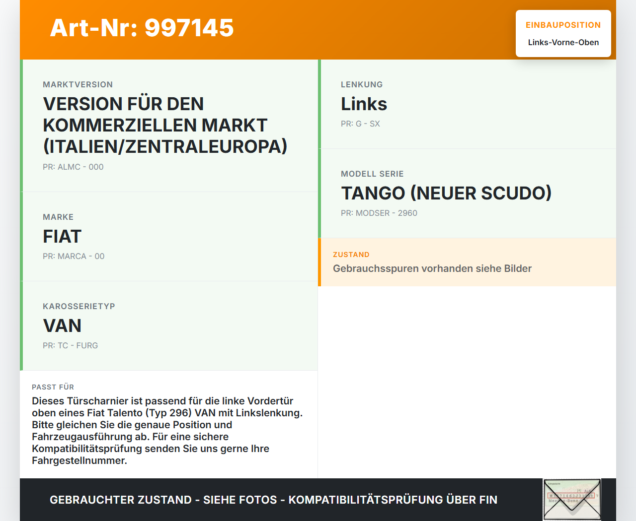 Fiat Talento 296 16-21  VAN Türscharnier Scharnier für Tür Links Vorne Oben Fiat Talento 296 16-21 10.07.2018 gebraucht Vorschau 3