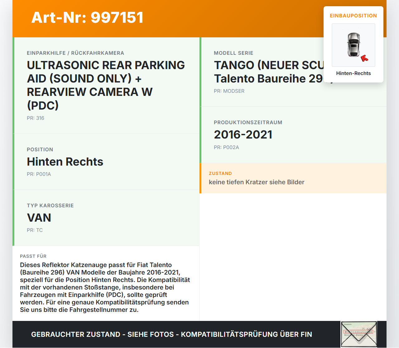 Fiat Talento 296 16-21  VAN Reflektor Katzenauge für Stoßstange Hinten Rechts Fiat Talento 296 16-21 10.07.2018... Vorschau 3