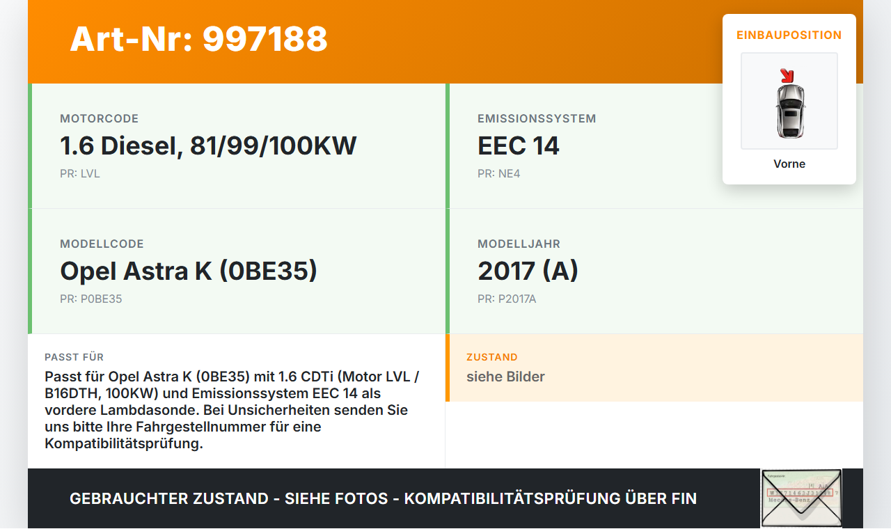 Opel Astra K B16 15-19 CDTi 1,6 100KW Lambdasonde Vorne Opel Astra K B16 15-19 09.05.2017 gebraucht Vorschau 3
