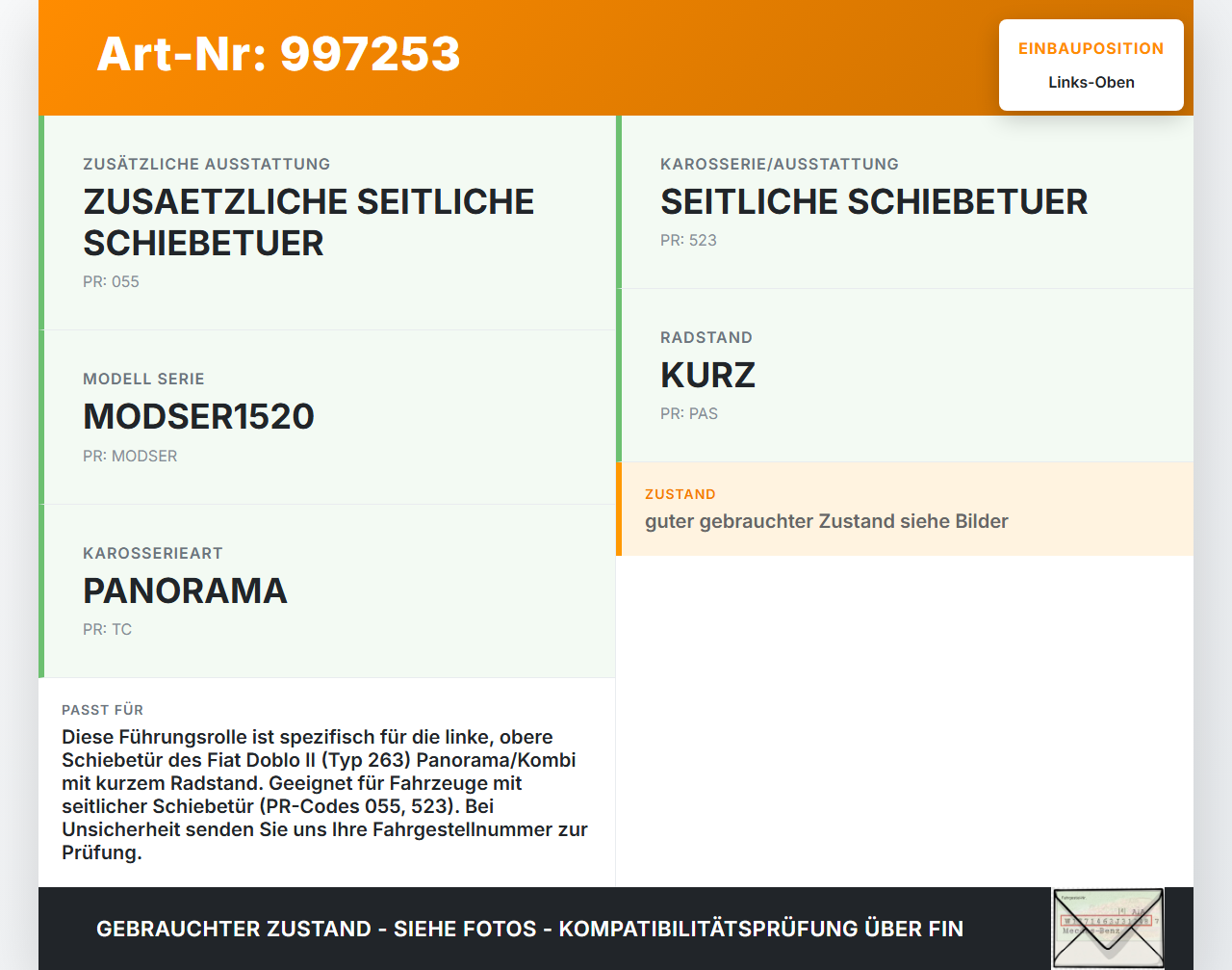 Fiat Doblo II 263 10-15 Kombi Führungsrolle für Schiebetür Links Oben Fiat Doblo II 263 10-15 24.01.2012  51815779... Vorschau 3