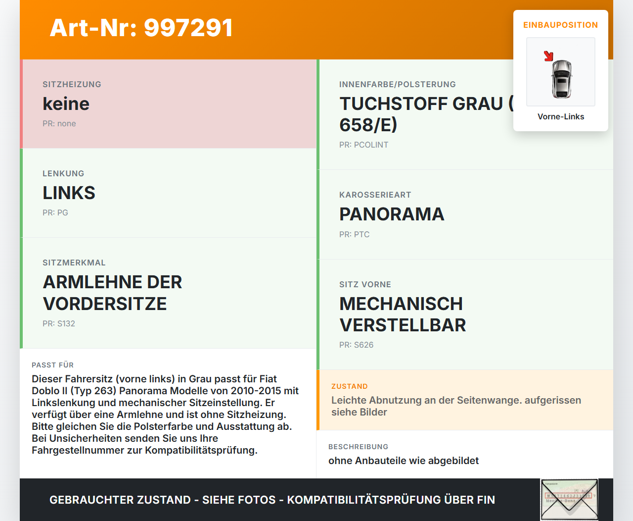 Fiat Doblo II 263 10-15 Kombi Sitz Fahrersitz Vorne Links Fiat Doblo II 263 10-15 24.01.2012  - gebraucht Vorschau 3