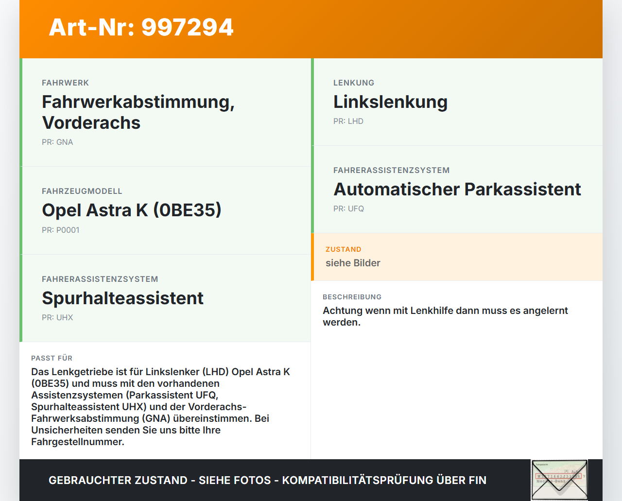 Opel Astra K B16 15-19 Lenkgetriebe Servolenkung Opel Astra K B16 15-19 09.05.2017 39096856 41519541D gebraucht Vorschau 3