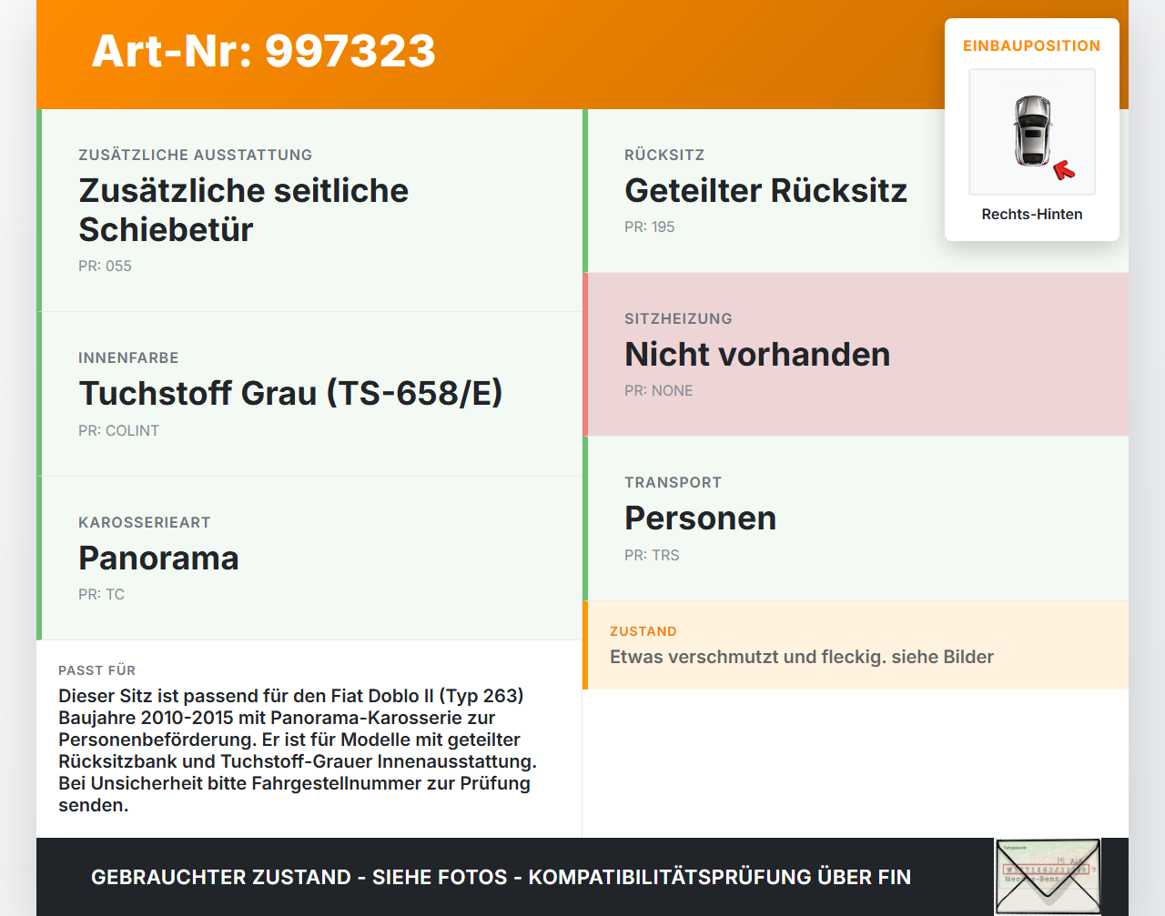 Fiat Doblo II 263 10-15 Sitz Rechts und Mitte Hinten Fiat Doblo II 263 10-15 24.01.2012  - gebraucht Vorschau 3