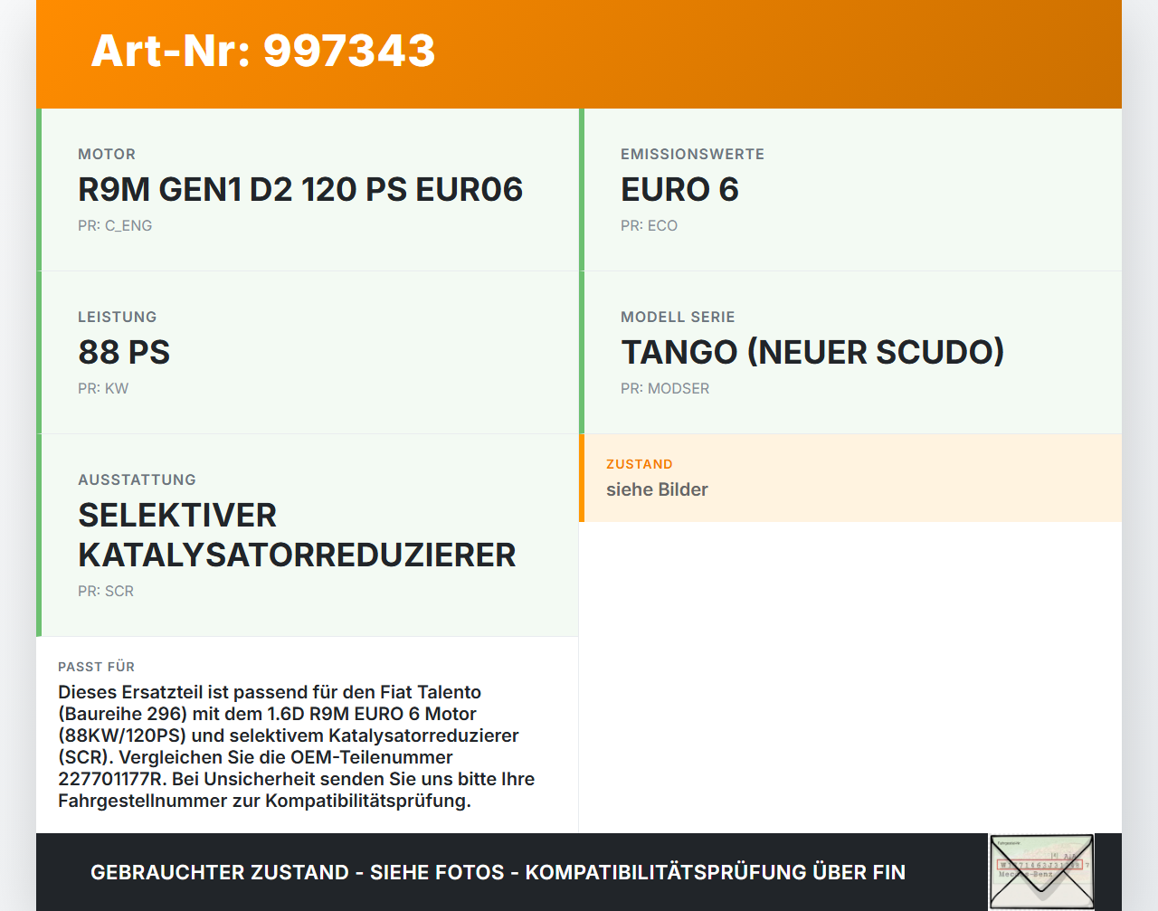 Fiat Talento 296 16-21  1,6D 88KW Differenzdrucksensor Fiat Talento 296 16-21 10.07.2018 227701177R 81MPP06-02... Vorschau 3