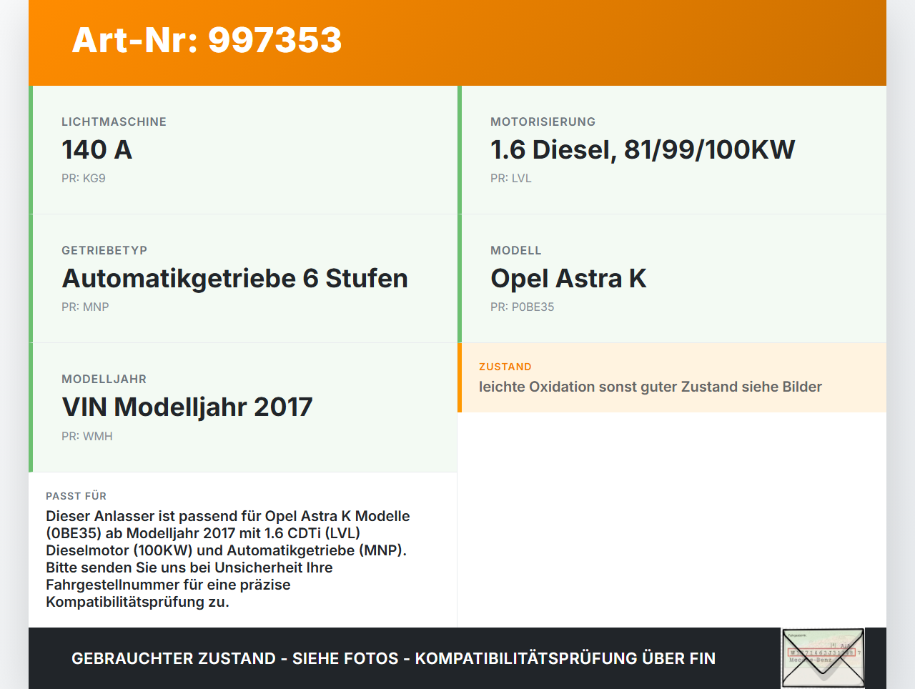 Opel Astra K B16 15-19 CDTi 1,6 100KW Autom Anlasser Starter Opel Astra K B16 15-19 09.05.2017 55491473 M001TF0471... Vorschau 3