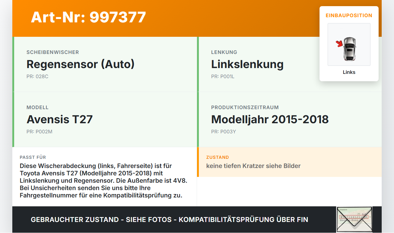 Avensis T27 15-18 Wischerabdeckung für Wischermotor Abdeckung Links Avensis T27 15-18 20.01.2016 gebraucht Vorschau 3