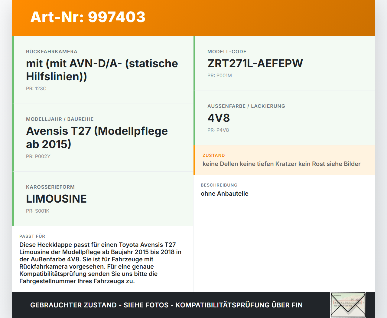 Avensis T27 15-18 Lim Heckklappe Kofferraumdeckel 4V8 Avensis T27 15-18 20.01.2016 6440105150 gebraucht Vorschau 3