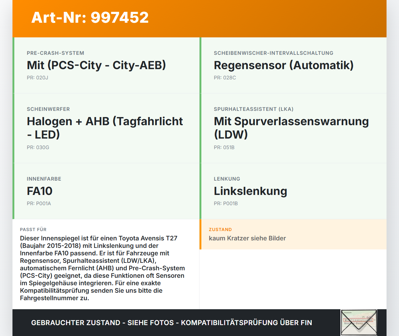 Avensis T27 15-18 Innenspiegel Rückspiegel Spiegel Innen Avensis T27 15-18 20.01.2016 878100WQ50 905-4735... Vorschau 3