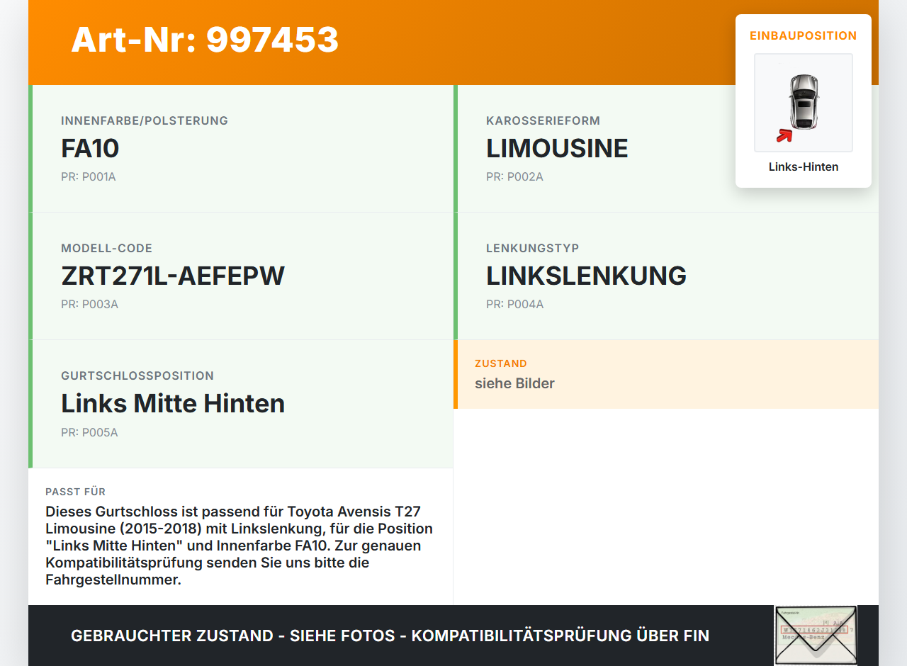 Avensis T27 15-18 Lim Gurtschloss Links Mitte Hinten Avensis T27 15-18 20.01.2016 630954800 73480-05080 gebraucht Vorschau 3