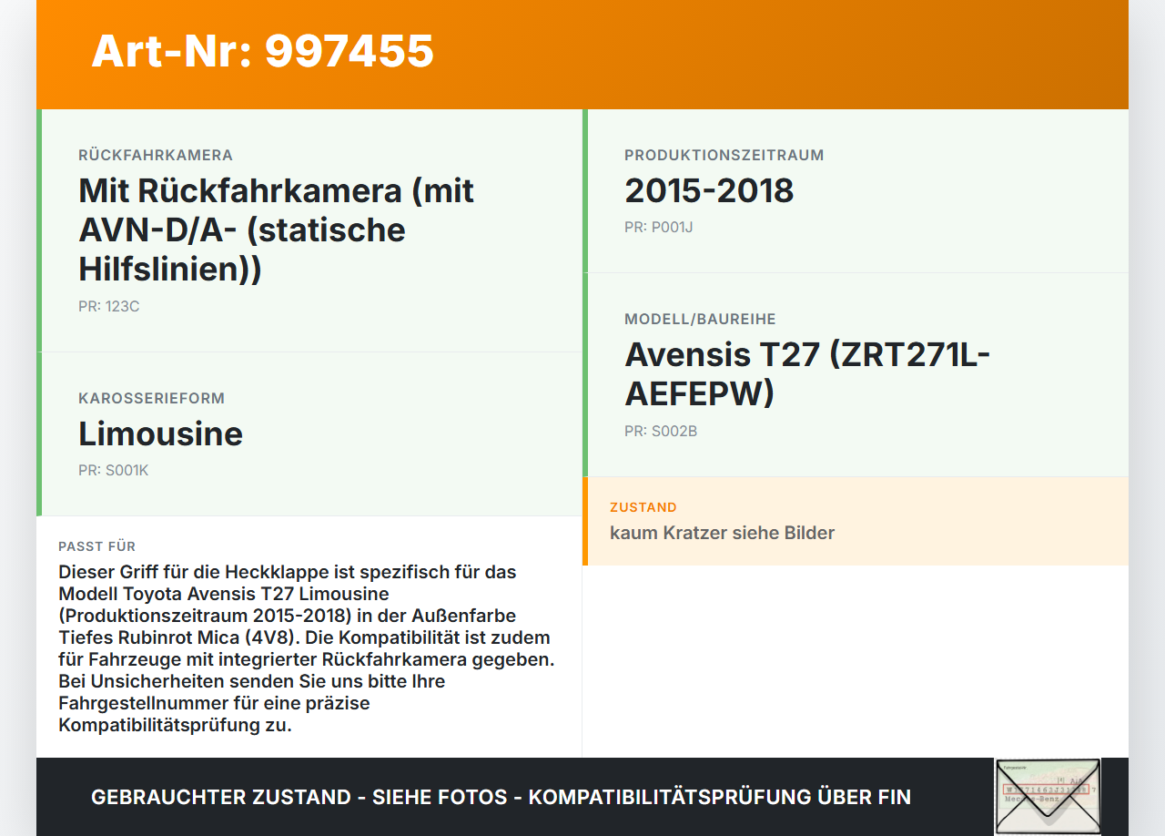 Avensis T27 15-18 Lim Griffleiste Griff aussen für Heckklappe 4V8 Avensis T27 15-18 20.01.2016 74641-05030 gebraucht Vorschau 3