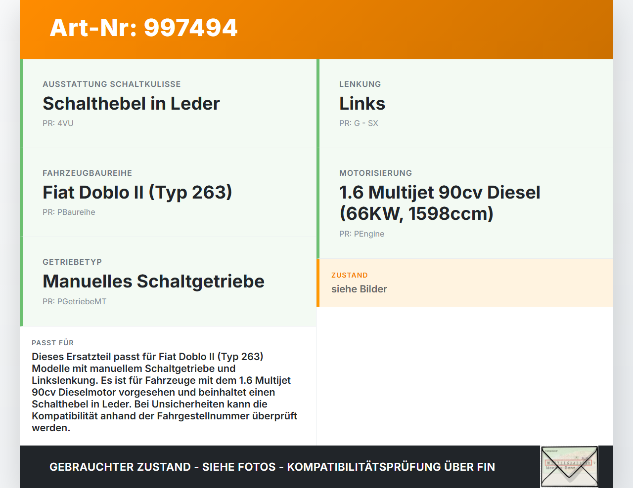 Fiat Doblo II 263 10-15 1,6D 66KW Schaltkulisse Schalthebel Fiat Doblo II 263 10-15 24.01.2012  553468510E gebraucht Vorschau 3