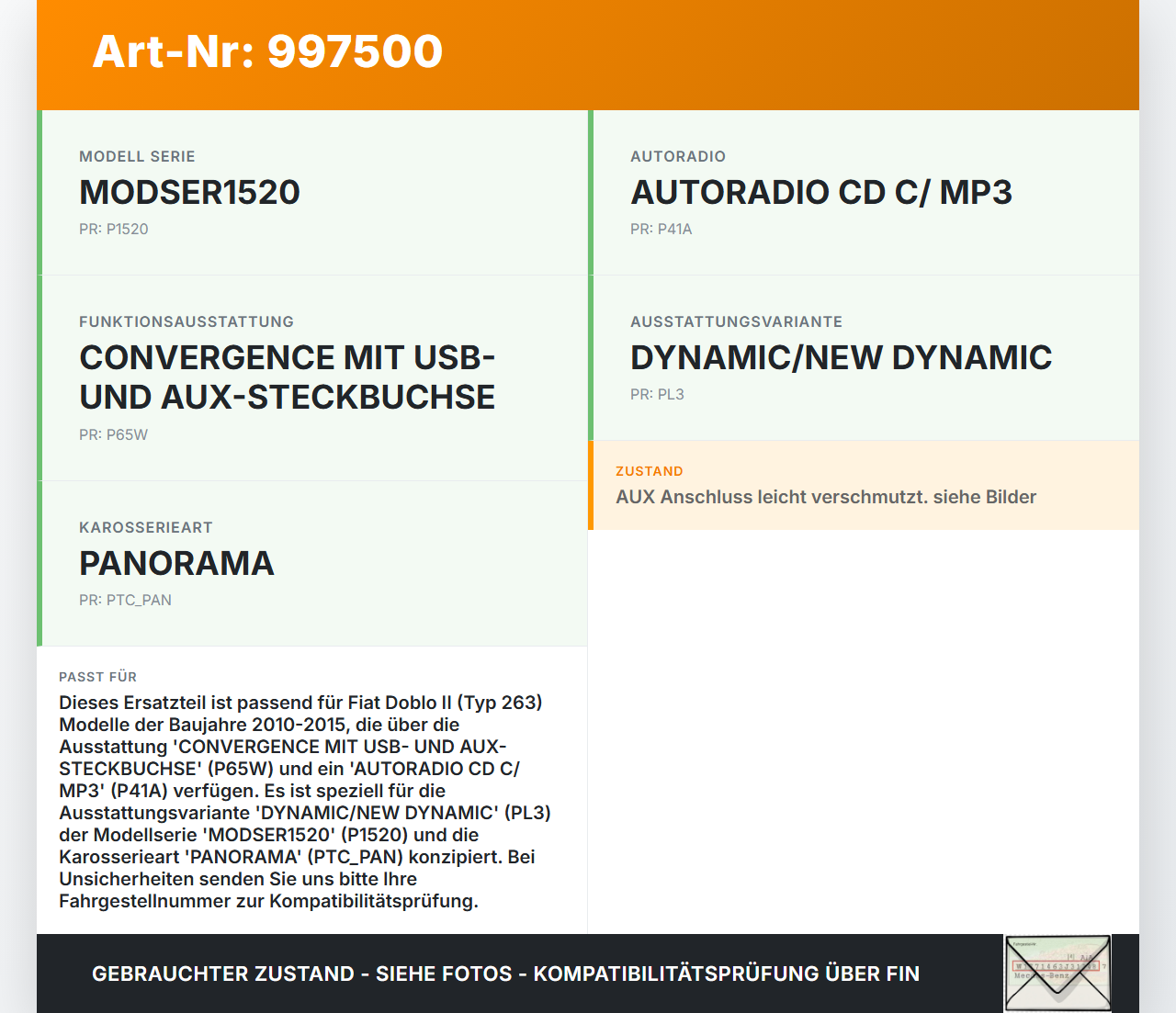 Fiat Doblo II 263 10-15 USB AUX Buchse Anschluss Fiat Doblo II 263 10-15 24.01.2012  gebraucht Vorschau 3